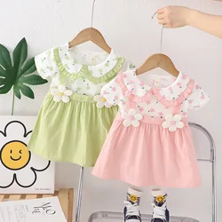 (0-3 Years Old) Summer Baby Girl Cotton Flower Fake Two-Piece Shoulder Strap Dress Girl Cute Short Sleeved Dress