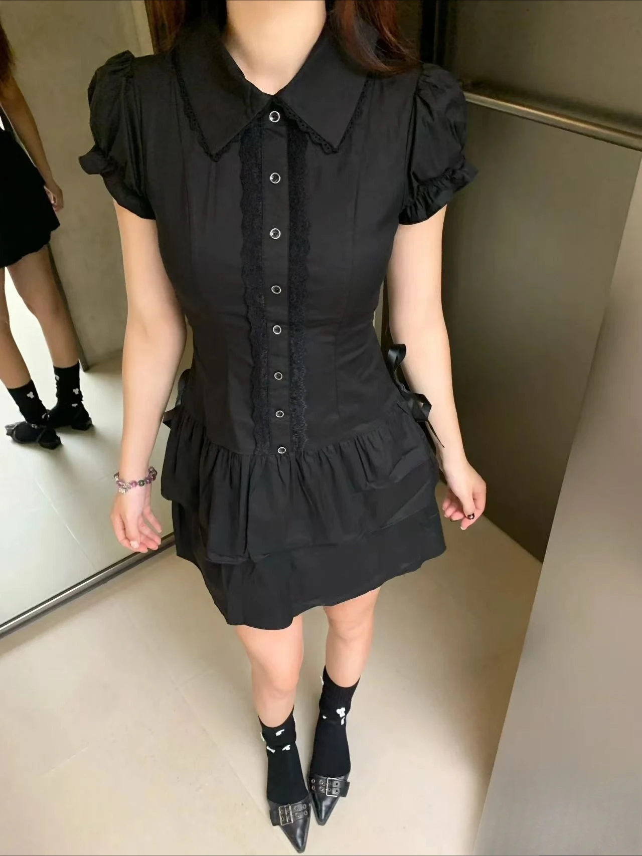 Sweet Lolita Lace Dresses Y2k Slim Waist High Street Short Sleeve Dress Women Retro 2025 Summer New Bottoming Vestidos Fashion