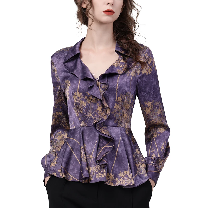 Luxury Women Long Sleeve V-Neck Purple Satin Printed Shirt 2022 Autumn New Elegant Slim Ruffles Tops Fashion Casual 90s Blouses