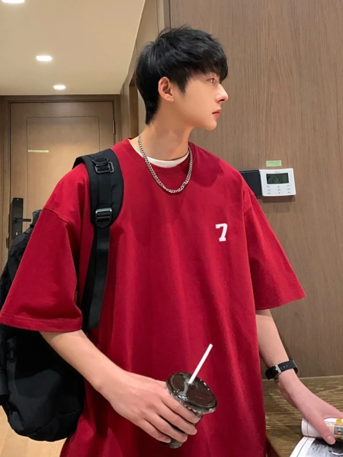 

Cleanfit Red Men's T-irt Small Collar ort Sve Heavyweight Summer Faion Casual Print round Ne Anti-Wrinkle Base Layer