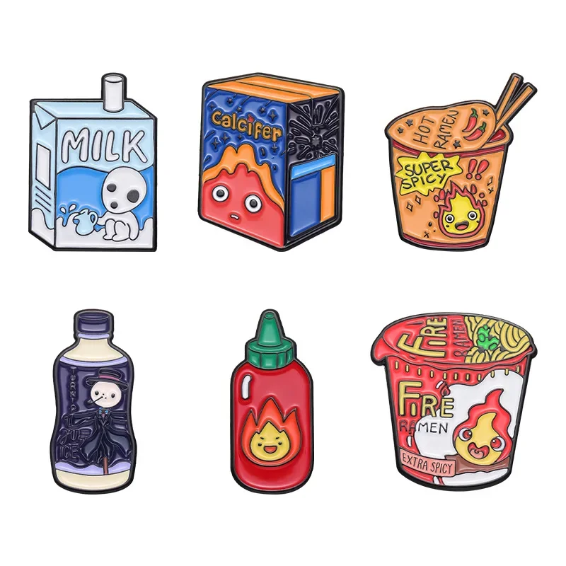 Cartoon Food Series Brooch Drink Chili Sauce Turkey Noodle Milk Shape Metal Letters Badge Clothes Bag Accessories