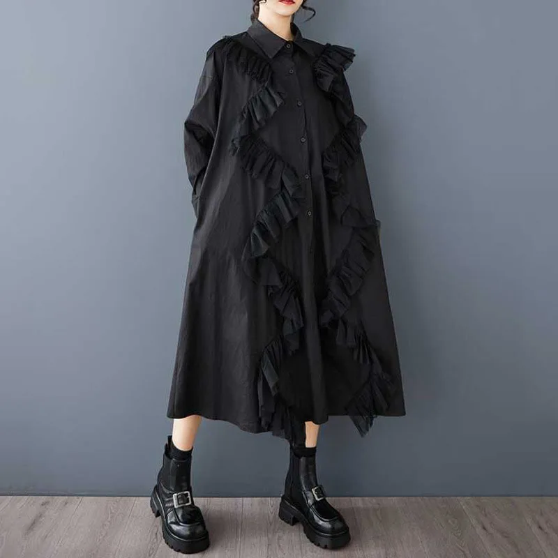 Hksh primavera outono nova camisa feminina vestido babados malha retalhos único breasted manga longa ins casual vestidos de grandes dimensões hk13768