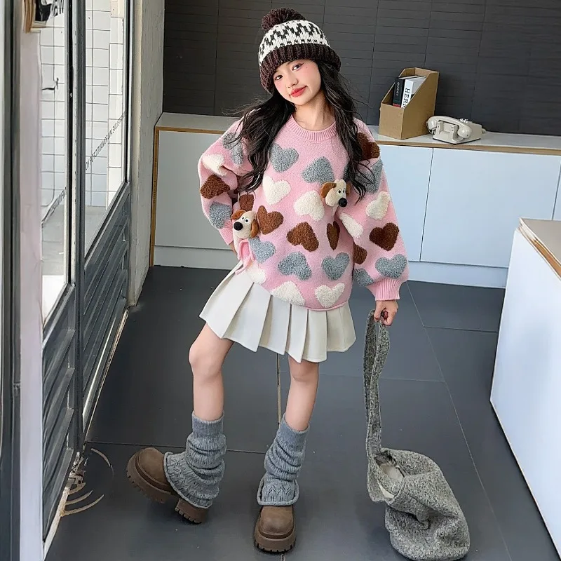 

Girls' Korean Love Sweater 2025 Spring and Autumn New Collection Children's Loose and Versatile Sweet Knitted Sweater Girls' Top