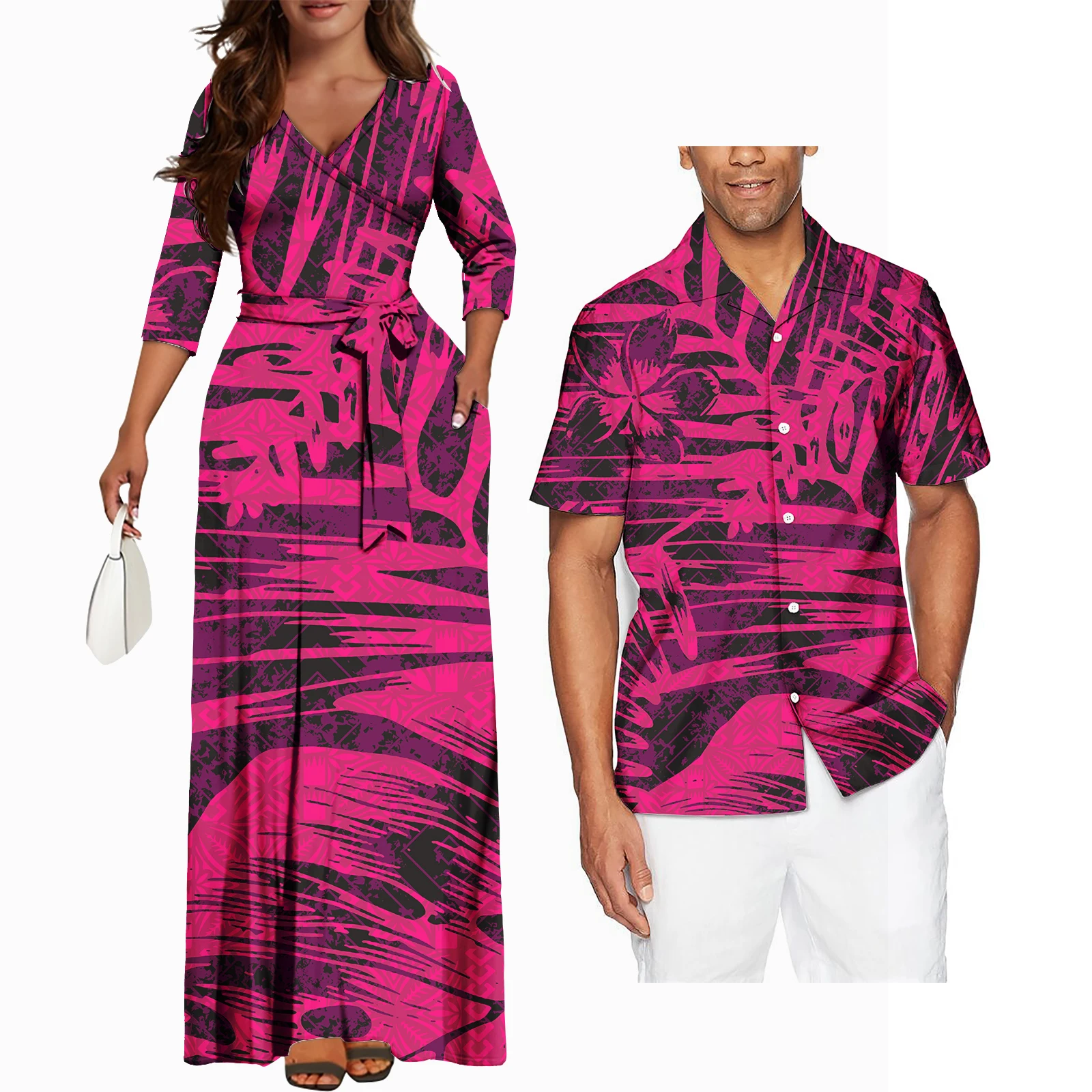 Hawaii Blume gedruckt polynes ischen Kleid lässig Frauen Maxi lange Kleider passend Herren hemd Paare passende Outfits