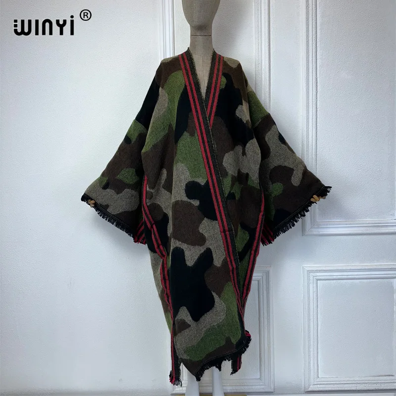 WINYI camouflage color African women winter kimono manica lunga soprabito abaya dubai luxury Open Front long Cardigan party dress