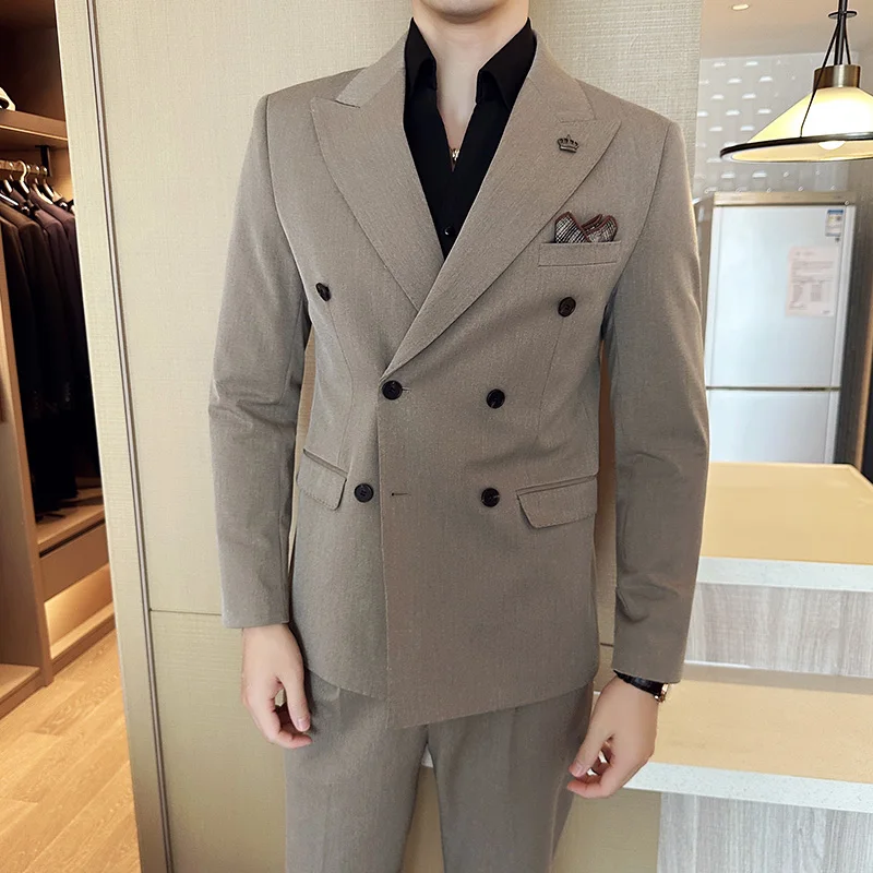 (Jacket+Vest+Trousers) Fashion New Men Boutique Double Breasted Suits Slim Business Wedding Suit Pants 3 Pcs Set Dress Blazers