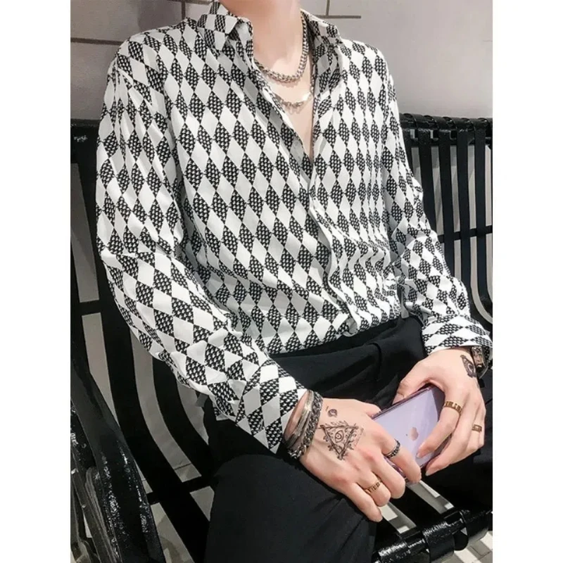 Spring Autumn Fashion Pure Cotton Turn-down Collar Long Sleeve Diamond Check Blouse Men\'s Clothing Trend Button Vintage Shirts