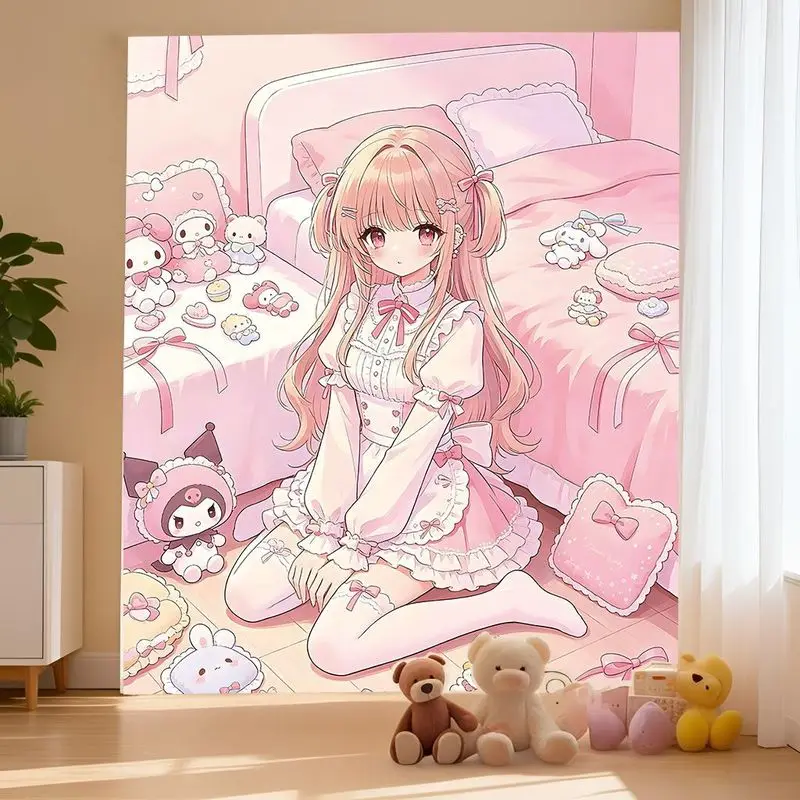 VIKAMA Pink Lolita Bedroom Anime Girl Tapestry, Cute Wall Hanging for Bedroom Dorm Girls Room Decor
