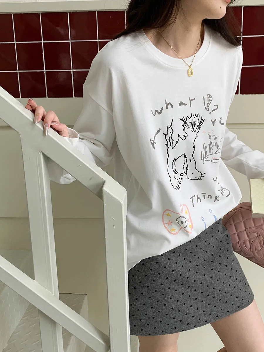 

Летняя женская повседневная свободная футболка с круглым вырезом и длинными рукавами с мультяшным принтом