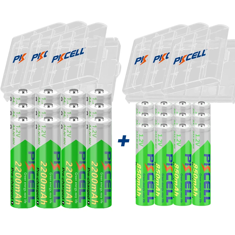 4/8/16/24 pack PKCELL 2200MAH AA Battery +AAA 850MAH 1.2V NI-MH AAA/AA Rechargeable batteries and battery Box for flashlight toy