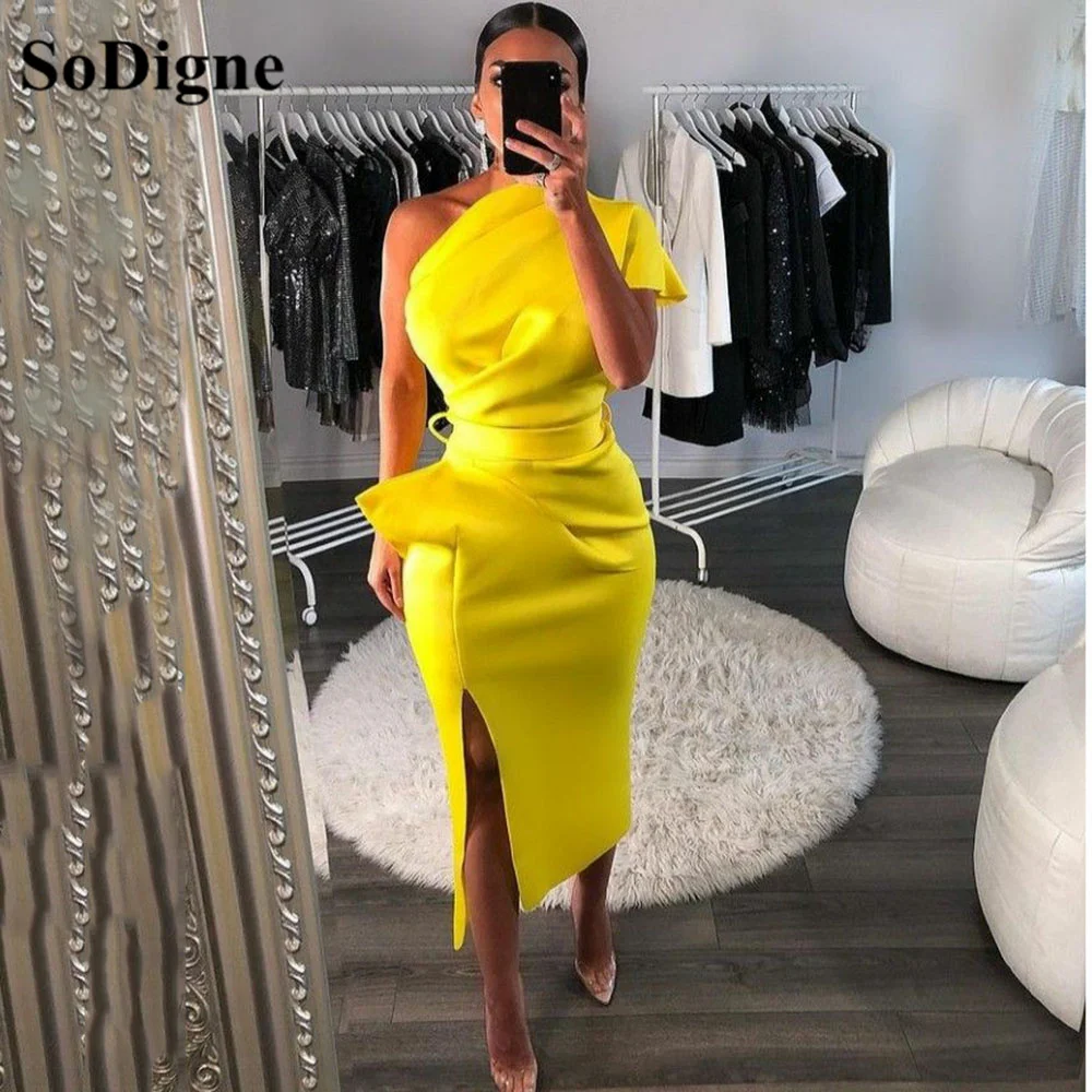 SoDigne Yellow One Shoulder Short Cocktail Dress Side Split Satin Lady\'s Dress Mermaid Formal Party Prom Gowns Tea Length