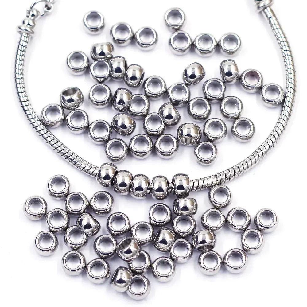 

50Pcs Spacer Beads Round Smooth Silver Tone Fit For European Charms Bracelets Jewelry DIY Making Findings 6x5mm(2/8"x2/8")