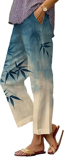 

Women's boho trousers, wide-leg beach pants, high-waisted casual resort pants with pockets, summer comfort work pants
