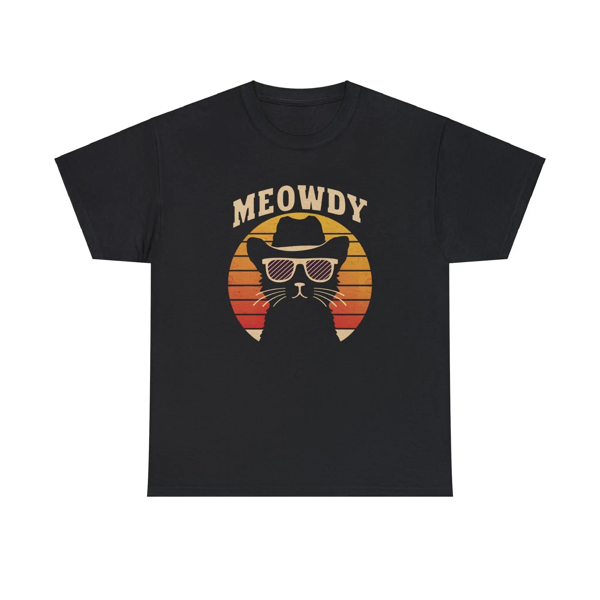 MEOWDY HOWDY COWBOY Cat Wearing Hat and Sunglasses Vintage Retro Sunset Funny Comical Humor Gag Heavy Cotton T Shirt