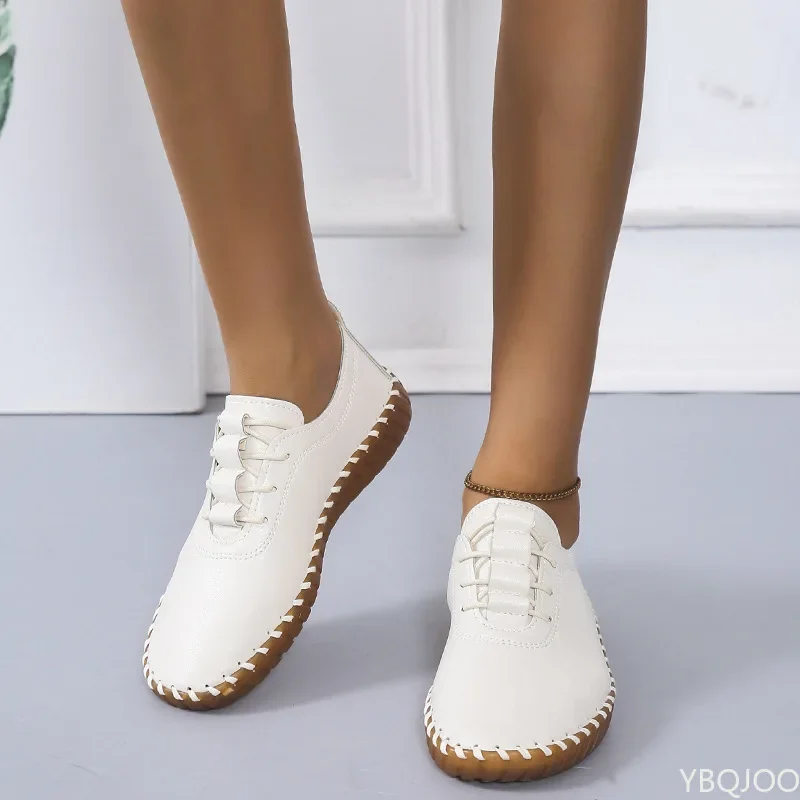 Zapatos planos de primavera para mujer, calzado informal con cordones para uso diario, de cuero genuino, con músculos de vaca, fondo suave, costura hecha a mano, 2022