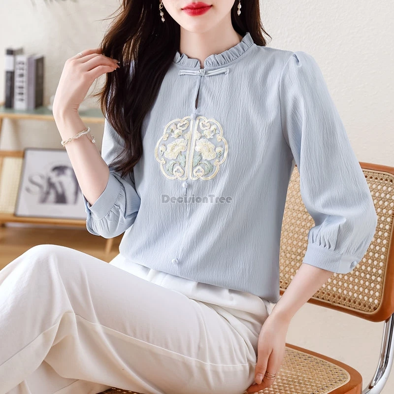 2024 chinese style daily improved tang suit top elegant embroidery leisure loose blouse fashion design sense versatile lady top