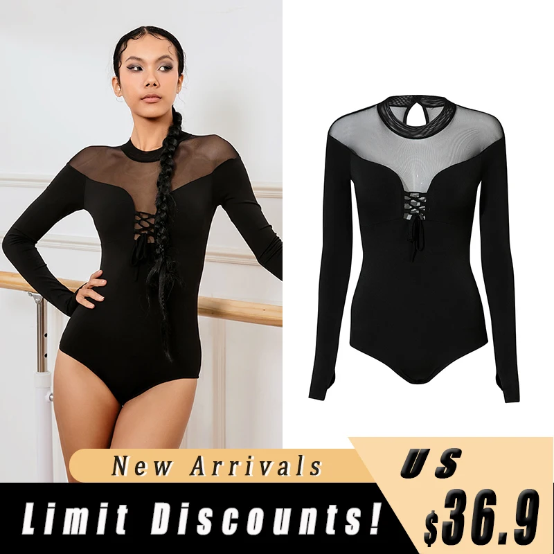 

Latin Dance Hollowed Lace Up Jumpsuit National Standard Dance Practice Costume Women'S Long Sleeved Tops Performance Wear XH168