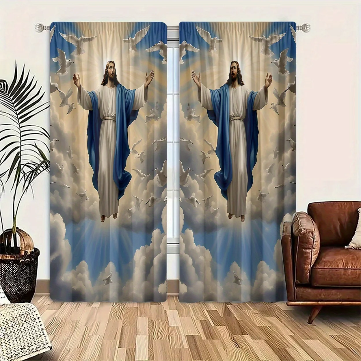 2 Panels Jesus Christ Printed Curtains, Religious Christian Window Drapes with Doves for Living Room Bedroom Home Decor
