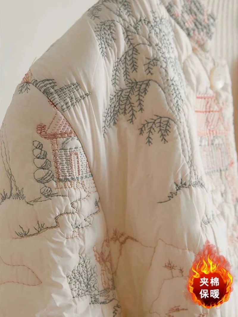 Chinesische Wind Bestickte Baumwolle Jacke Warme Große Größe frauen Einreiher Stehkragen Langarm Stepp Mantel W408