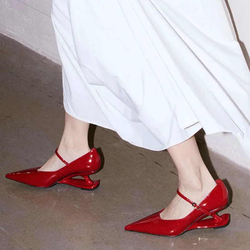 

Red Heel Women's Mary Jane Shoes 2025 New Pointed Toe Style Buckle Leather Shoes Black Fashion Party Casual Shoes