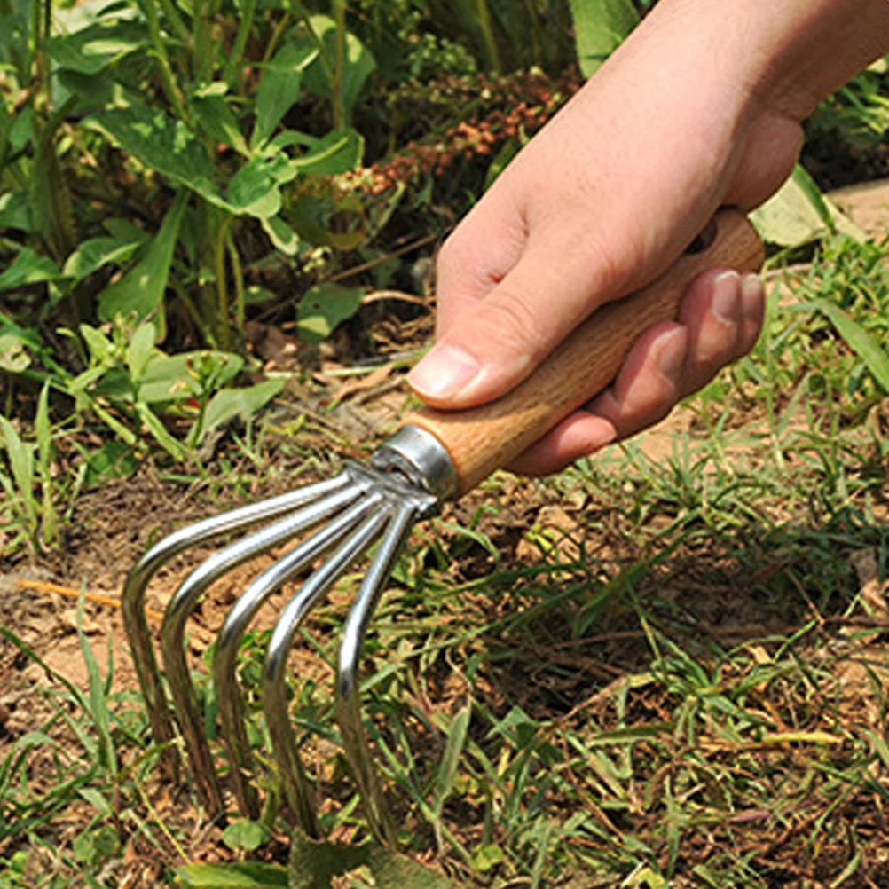 

Пляжные грабли из нержавеющей стали, деревянная ручка, 5-зубный коготь, прочный инструмент для копания ракушек, портативный легкий вес