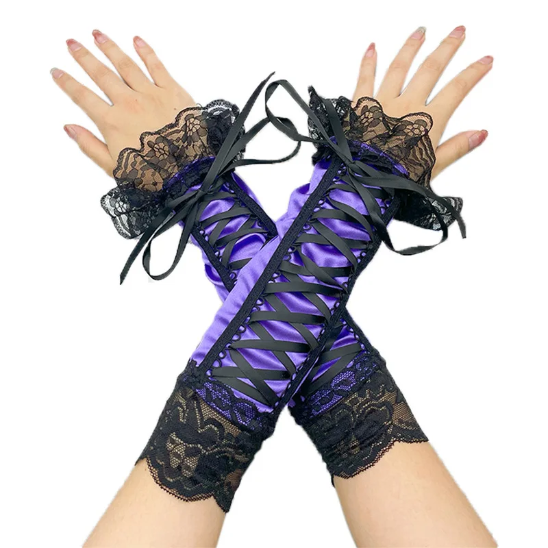 Lolita-guantes de estilo aristocrático para mujer, accesorio para vestido de noche, con cinta de encaje, 33cm