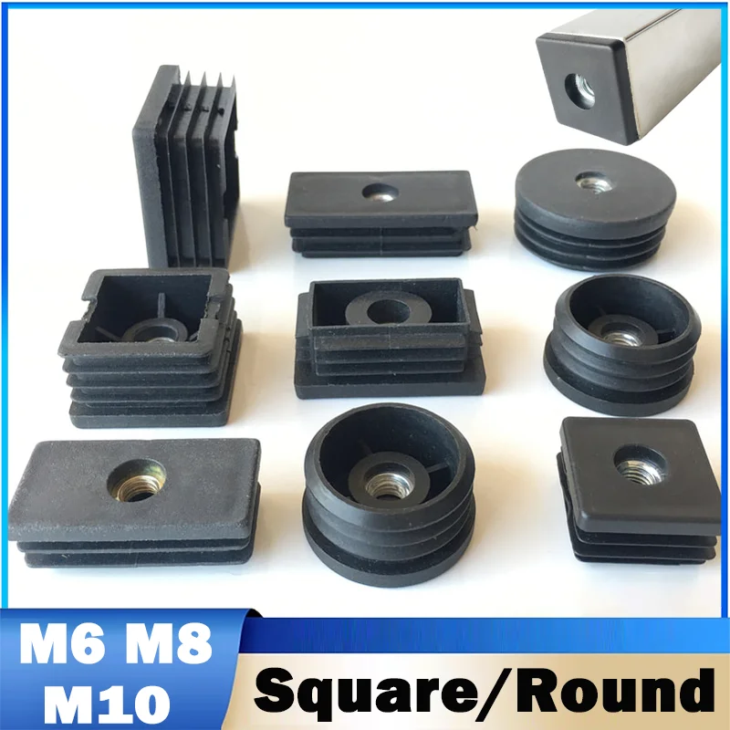 4/10Pcs M6 M8 M10 Black Square/Round Blanking End Caps Pipe Tube Plastic With Nut Hole Cover Furniture Leg Feet Tube Plug