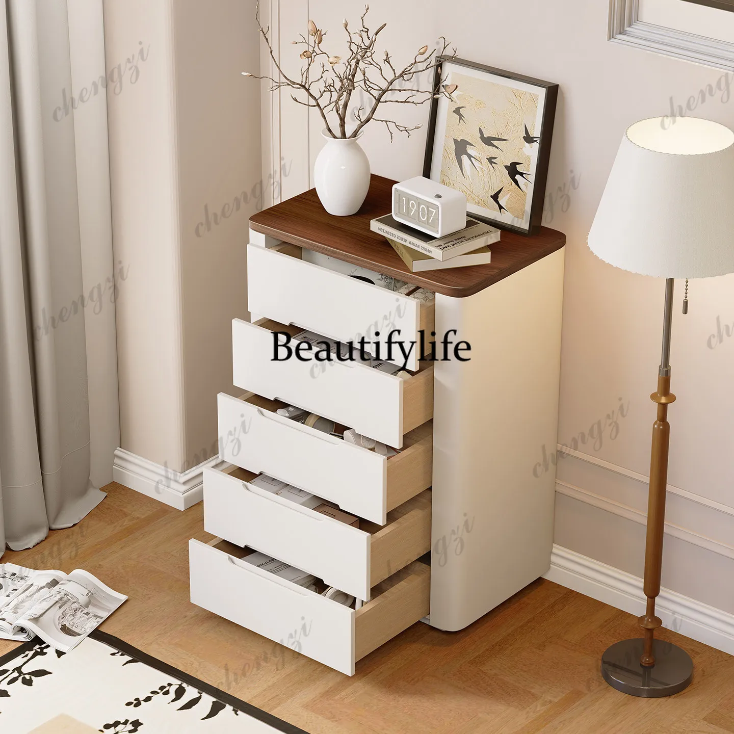 Solid wood chest, simple modern cream style storage, drawers, bedside bedroom, five-bucket living room, storage