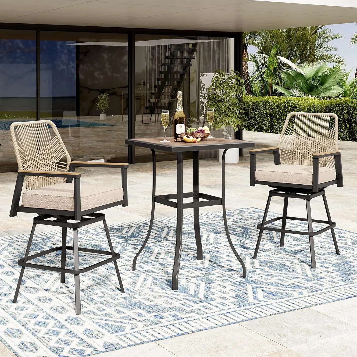 

Комплект для улицы из 3 предметов: высокие стулья из ротанга с деревянной столешницей и подушками для патио, веранды, бассейна, террасы, с возможностью индивидуального заказа