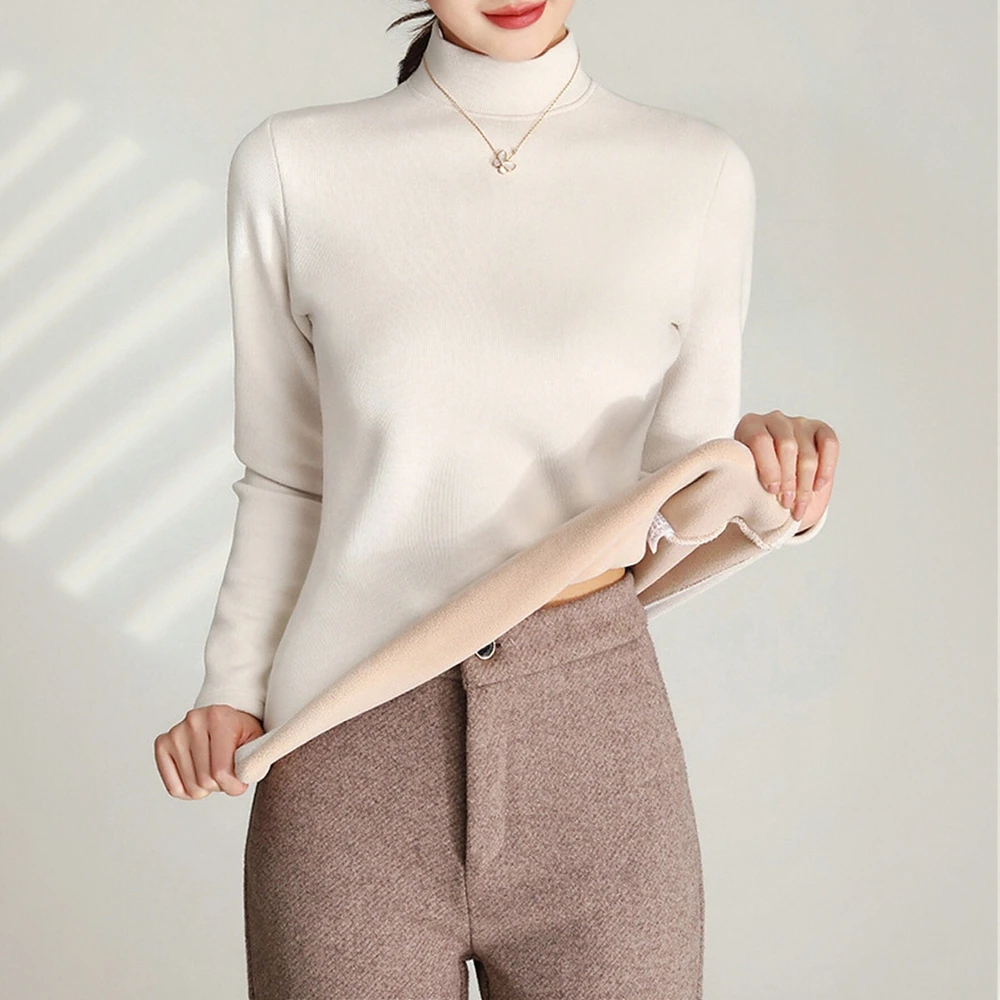 

Осень-зима 2025: женские футболки, базовые простые однотонные флисовые повседневные футболки с длинными рукавами и воротником-стойкой