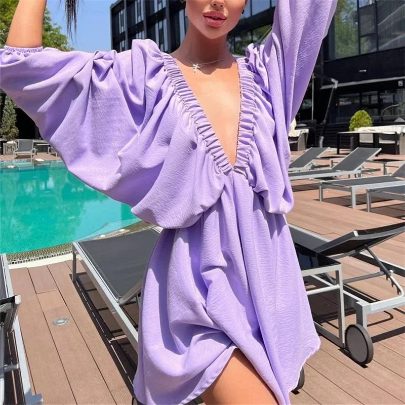 Fashion Front Back Pleated Deep V Neck Backless Dresses Women New Solid Color Bubble Sleeve Big Hem Dressy Female Commuter Gown