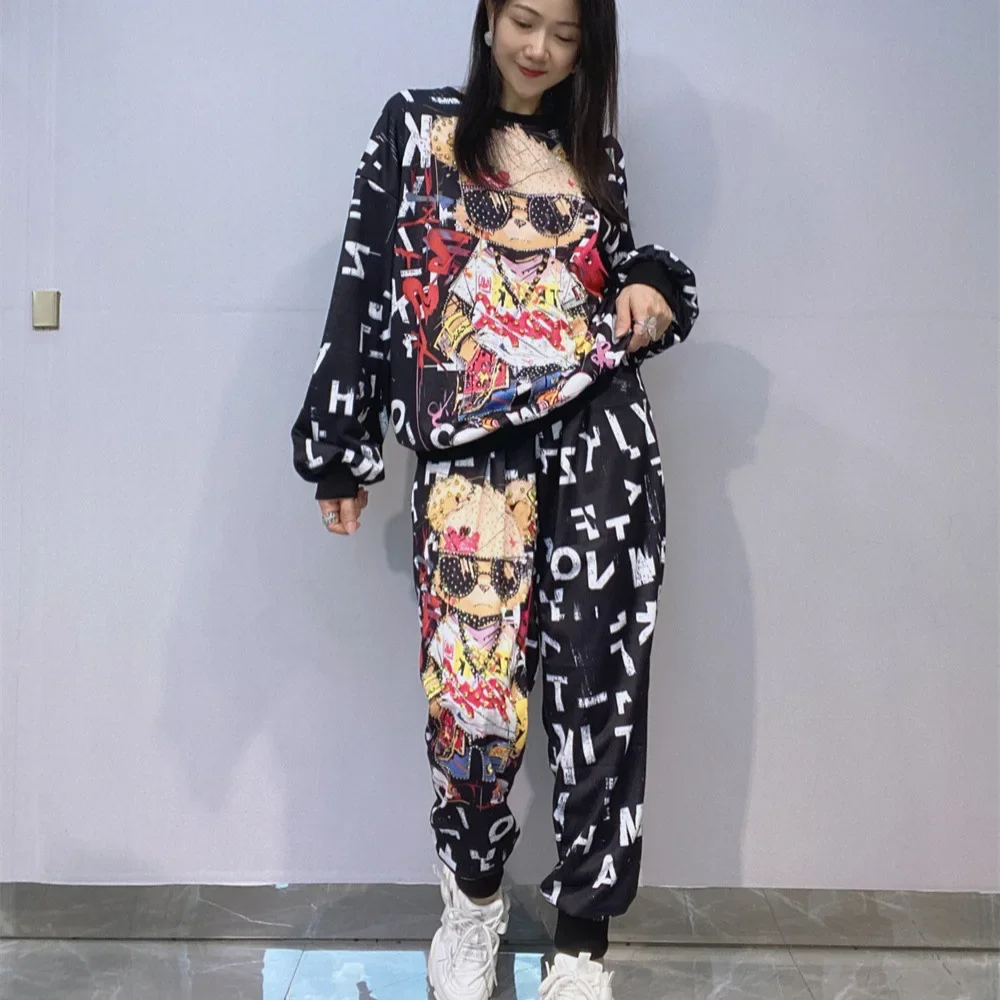 

Autumn Two Piece Sets Womens Outifits Diamonds Cartoon Bear Printed Casual Tracksuit Loose Tops and Long Pants Женский Костюм