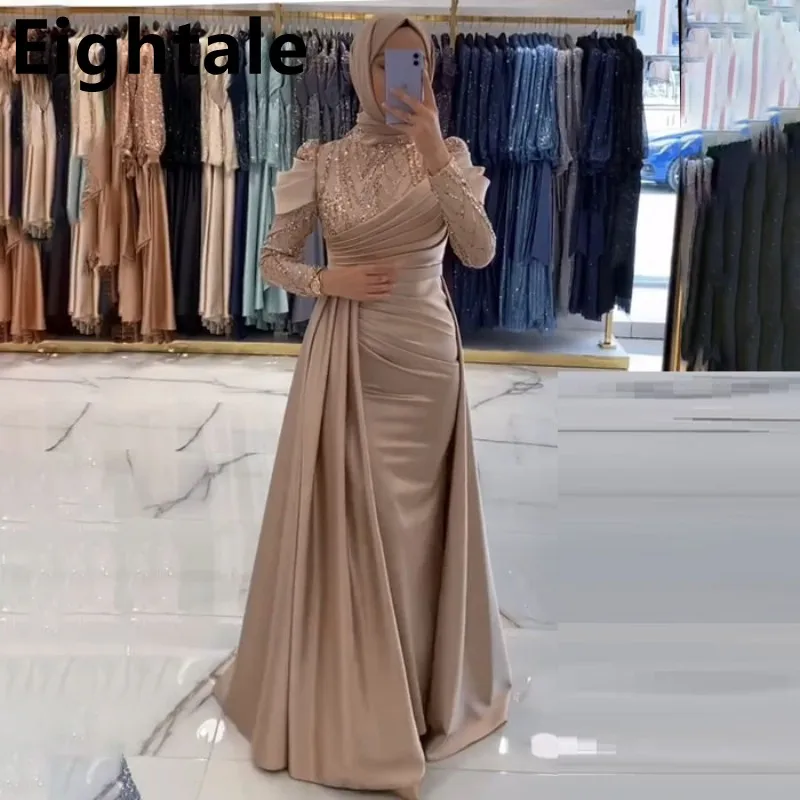 Customized Champagne Arabic Long Sleeves Kerchief Evening Dress Mermaid O Neck Sequin Women Formal Party Gown Robes De Soirée