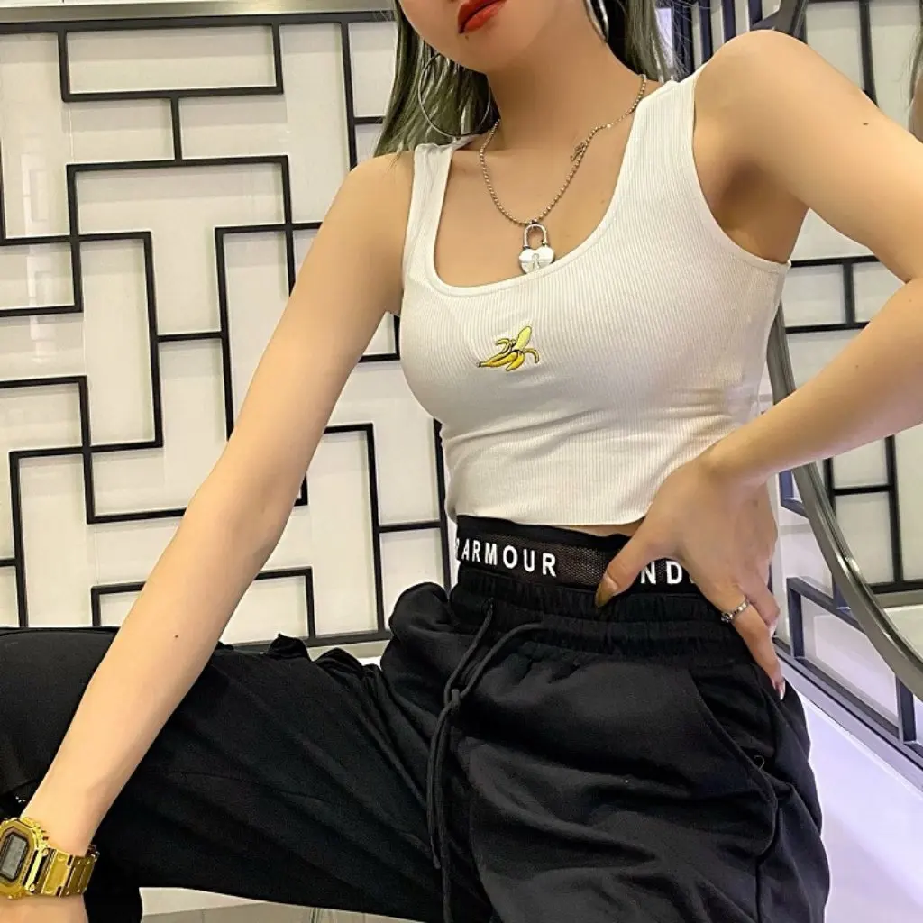 

YPFF женский модный летний короткий жилет в европейском и американском стиле с маленькой банановой вышивкой, модный топ с открытым пупком