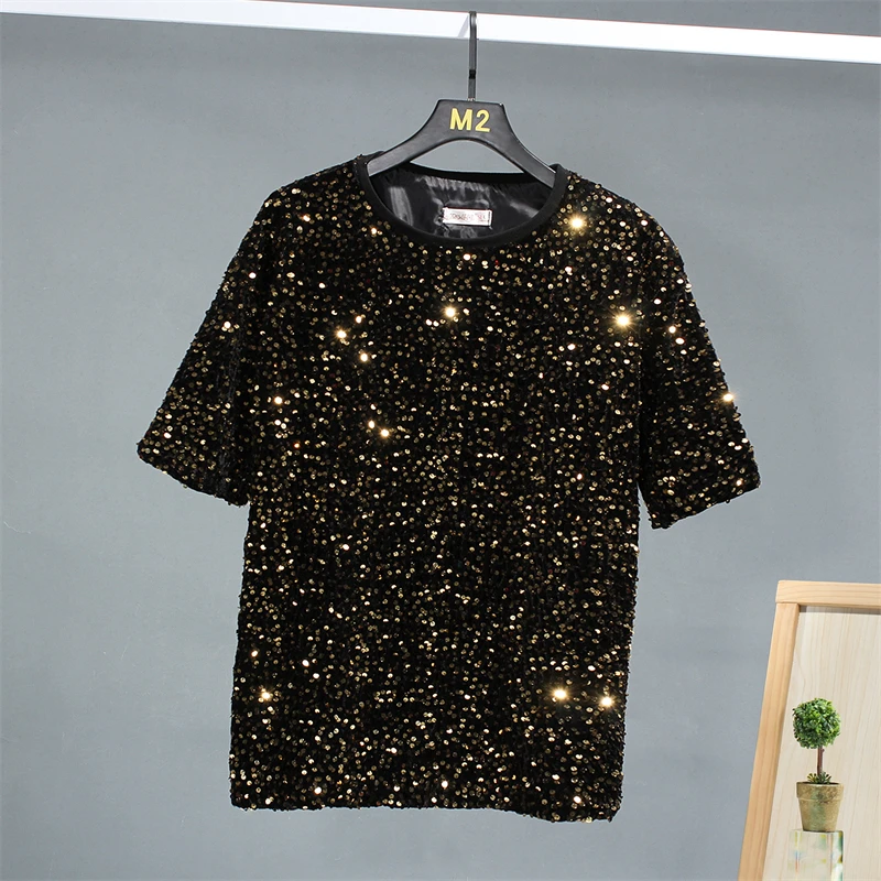 High-End Sequins Loose Fit T Shirt For Men Half Sleeve Harajuku New Fashion Quality Soft Comfortable Premium Camisetas De Hombre