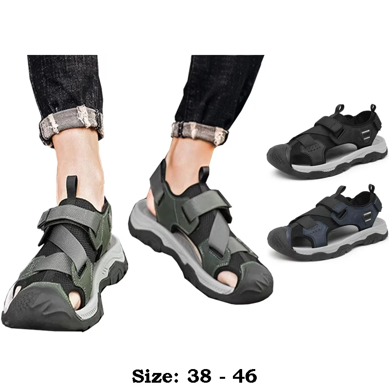 

High quality leather flat sandals for men round toes new summer 2025 size 45 46 casual outdoor walking big size shoe blue green