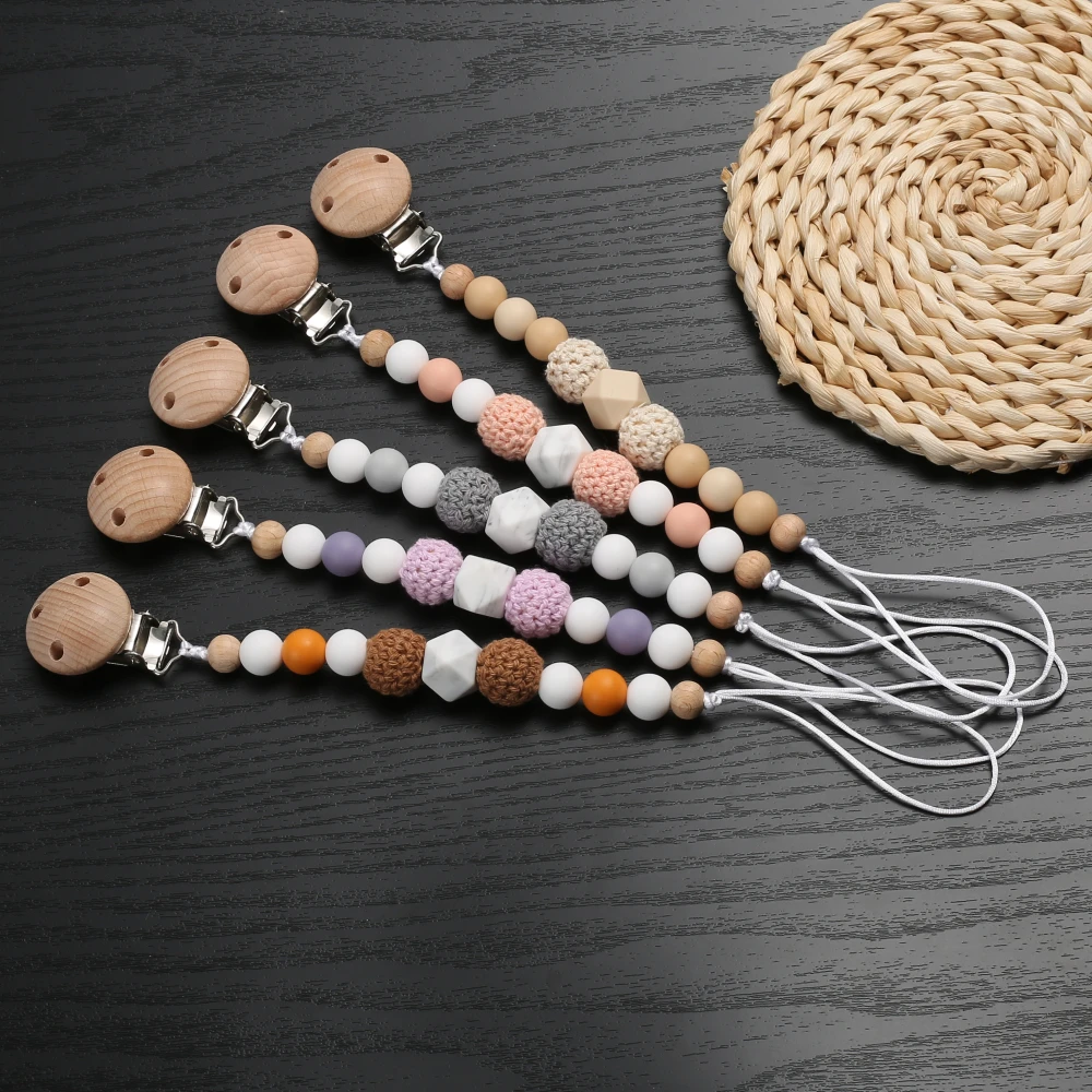 Beech Wood Round Baby Pacifier Clip Wooden Felt Ball Pacifier Chain Silicone Beaded Baby Nipple Dummy Holder Chain Care Chew Toy