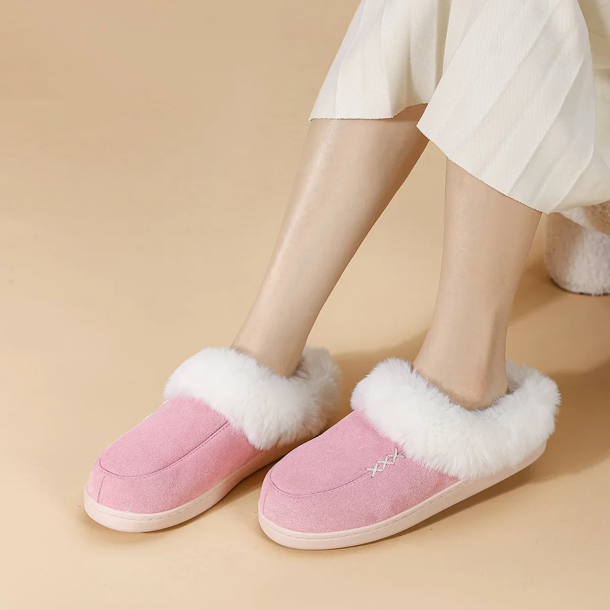 Women's Camel Fashion Solid Color Bedroom Slippers With Stitching Detail, Suede Bedroom Slippers