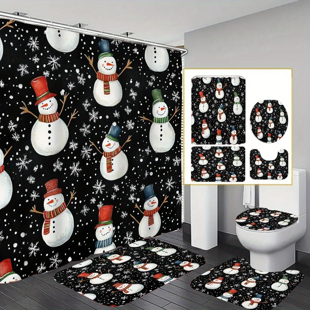 

4 шт., рождественский комплект занавесок для душа со снеговиком, комплект для декора ванной комнаты, в комплект входит высококачественный вкладыш с принтом, нескользящим ковриком и унитазом