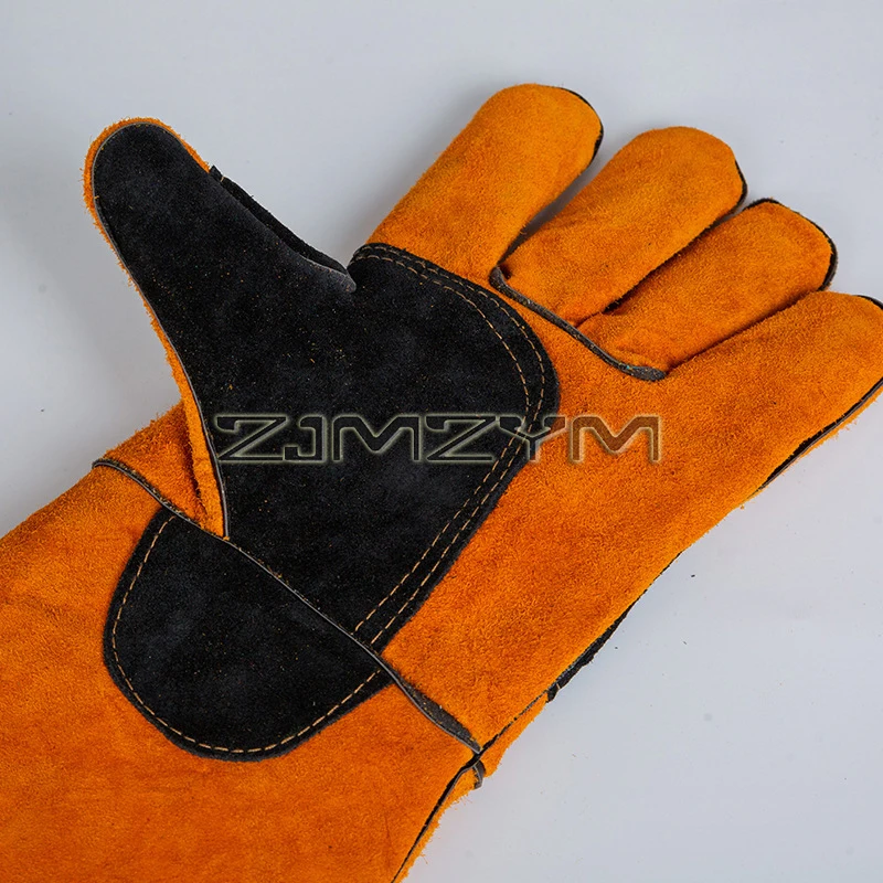 60cm/ 45cm Leather Forge MIG Welding Gloves, Heat/Fire Resistant Stove and Barbecue Gloves, Palm Reinforcements, Orange-Black