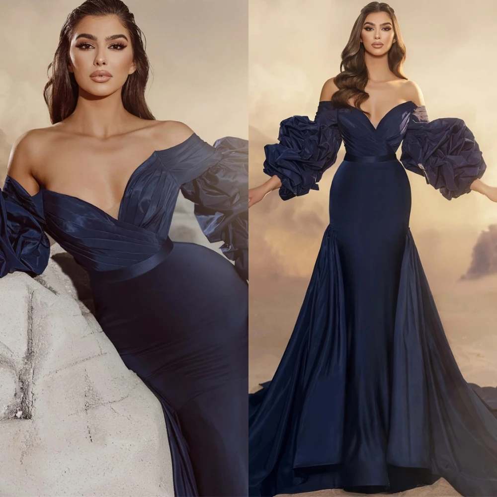 Customized Elegant V-Neck Satin Evening Dress Classic Puff Sleeves Prom Dresses Luxury Off the Shoulder Special Occasion Gowns