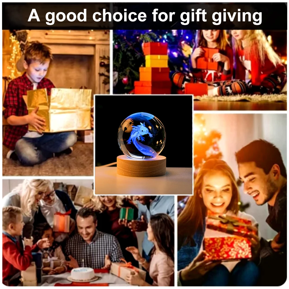 3D Axolotl Crystal Ball USB LED Night Light Color Changing Atmosphere Light Desktop Ornament Laser Engraved Craft Home Decor