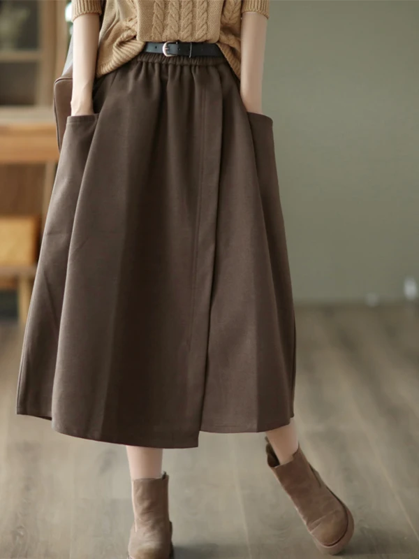 엘레 미디 길이 A라인 스커트 여성용 벨트 허리 밴딩 스커트 출퇴근 캐주얼 기타 소재 기타 제작