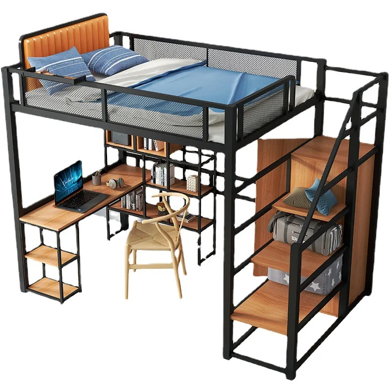 Letto alto e basso in ferro battuto di tipo loft semplice, letto con struttura in ferro salvaspazio per camera da letto, letto superiore e tavolo inferiore multifunzionale