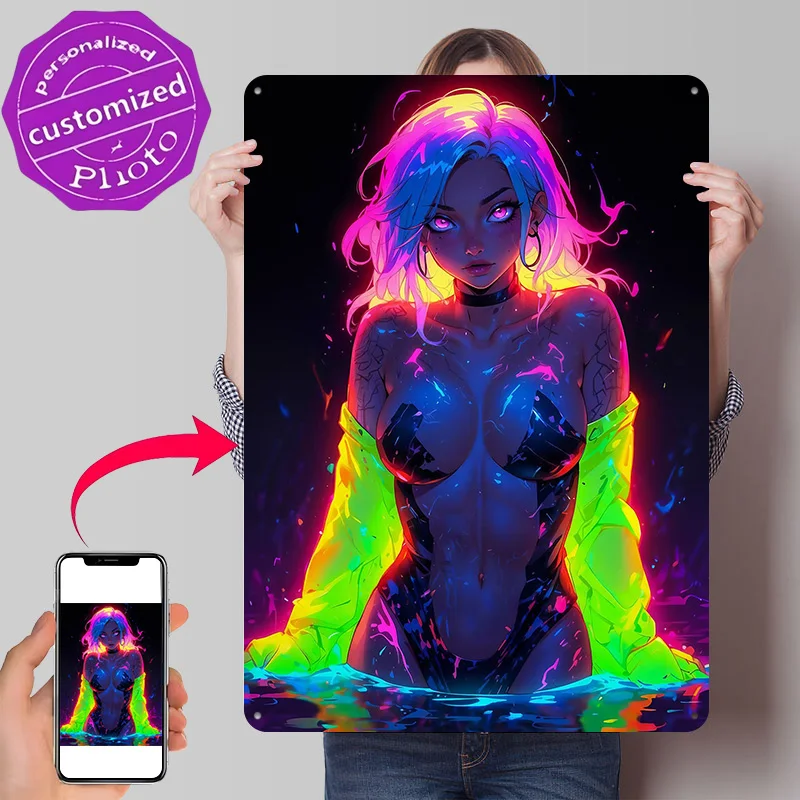 Neon Glowing Pool Girl 3D Printed Texture Poster Personalized Wall Art Retro Metal Tin Signs for Bar Accessories Vintage Decor