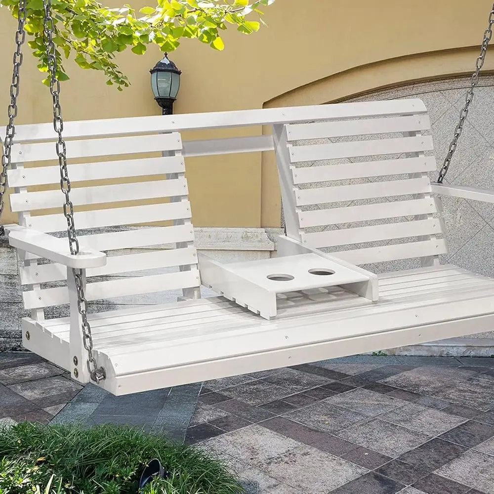 

Двухместные деревянные качели для крыльца со складными подлокотниками и подстаканниками, белые с подвесными цепями