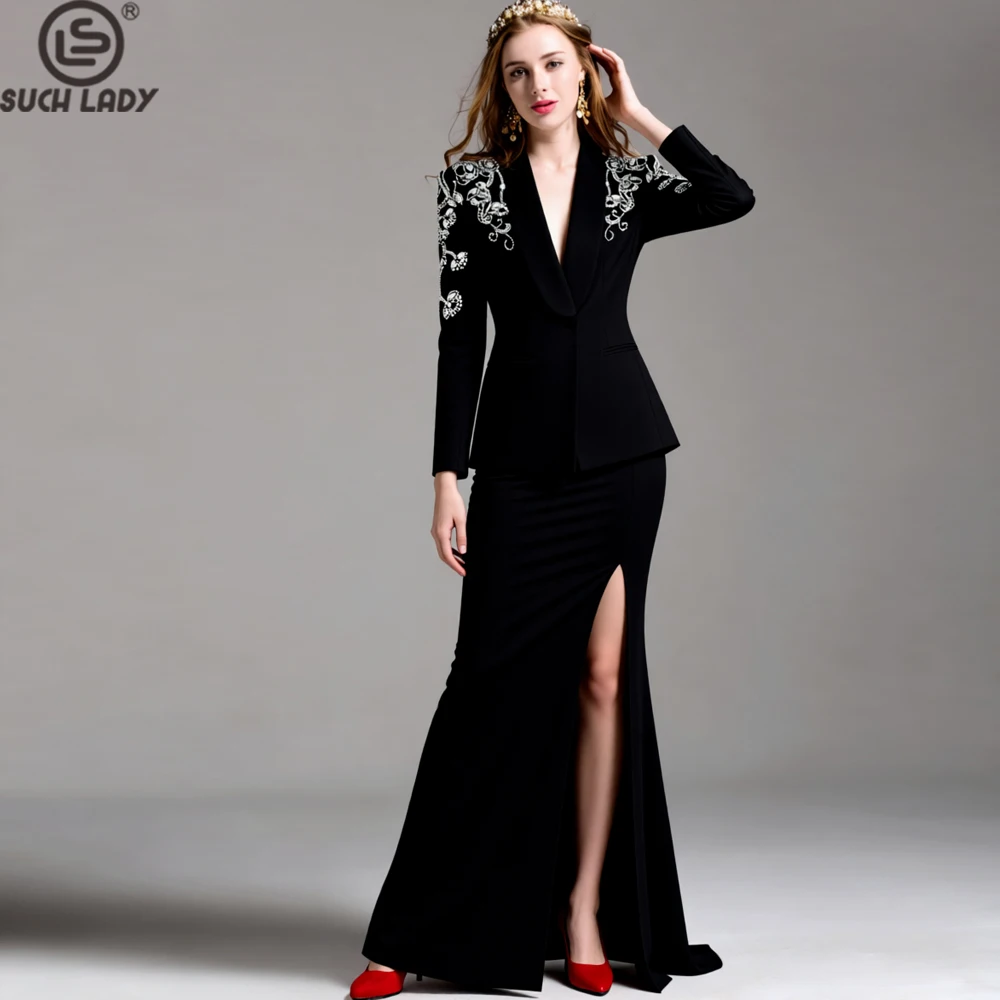 Zweiteiliges Damen-Set, schwarz bestickter Blazer und Meerjungfrauenrock, eleganter Langarmanzug mit Schulterperlen und Seitenschlitz