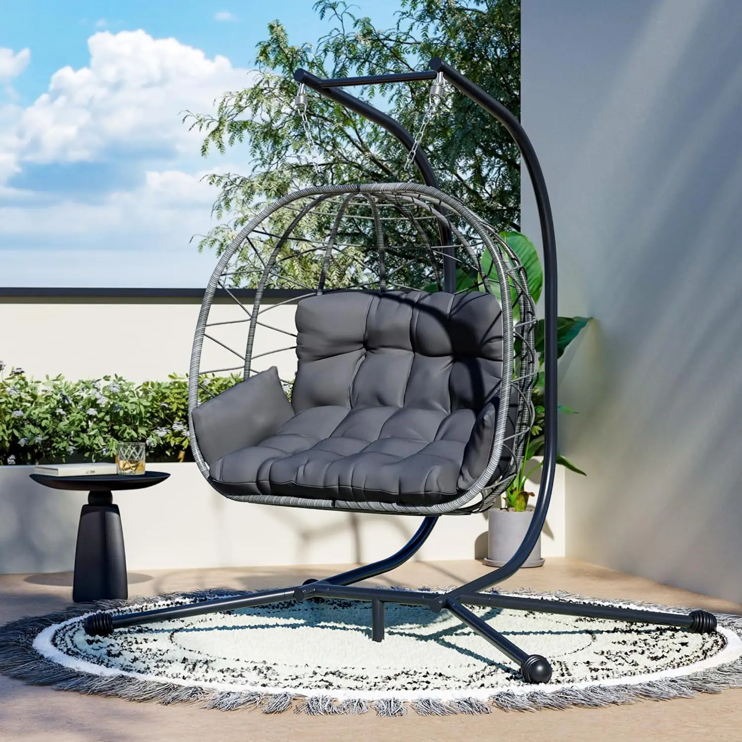 Pamapic Double Swing Egg Chair,Love Seat Proch Swing Egg Chair, 700 Lbs Hanging Egg Chair With Uv Resistant Wicker, Patio