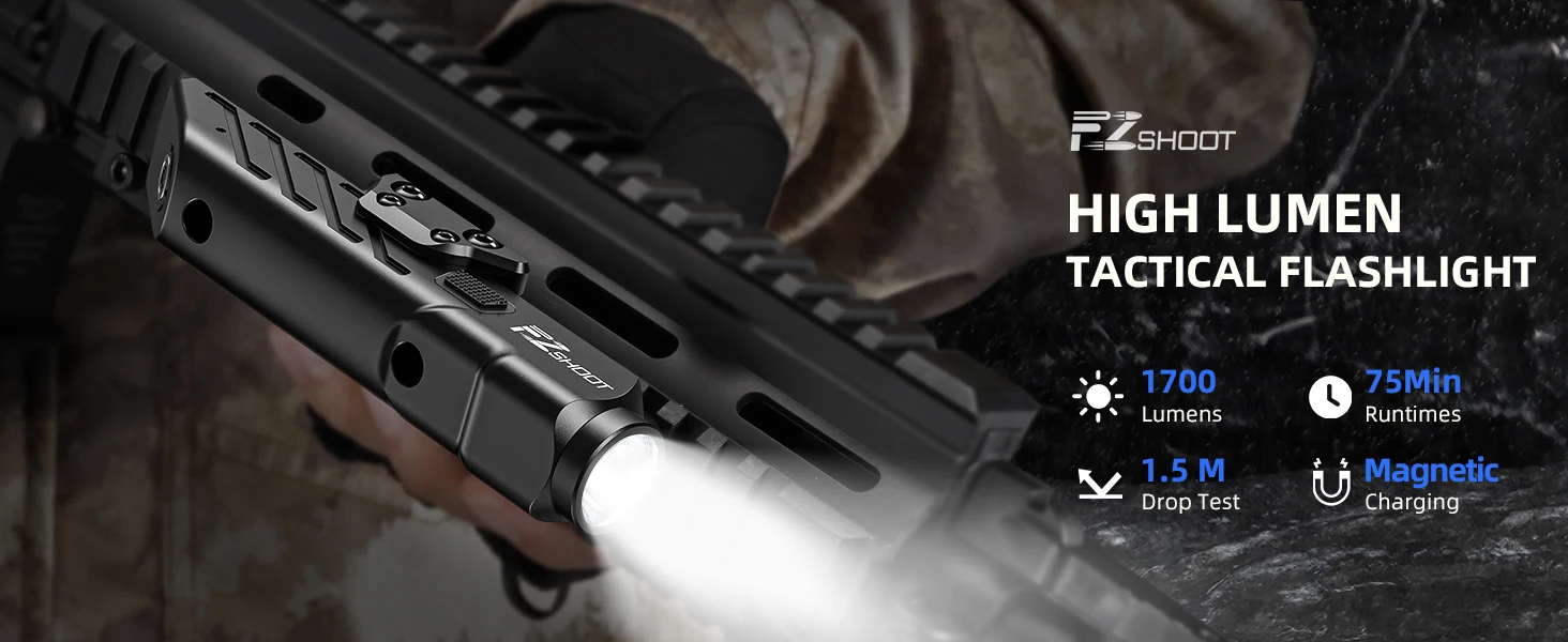 MidTen Tactical Flashlight 1700 Lumens For Rifle With Strobe Mode Fit M-Rail and Picatinny RailRifle Magnetic Rechargeable