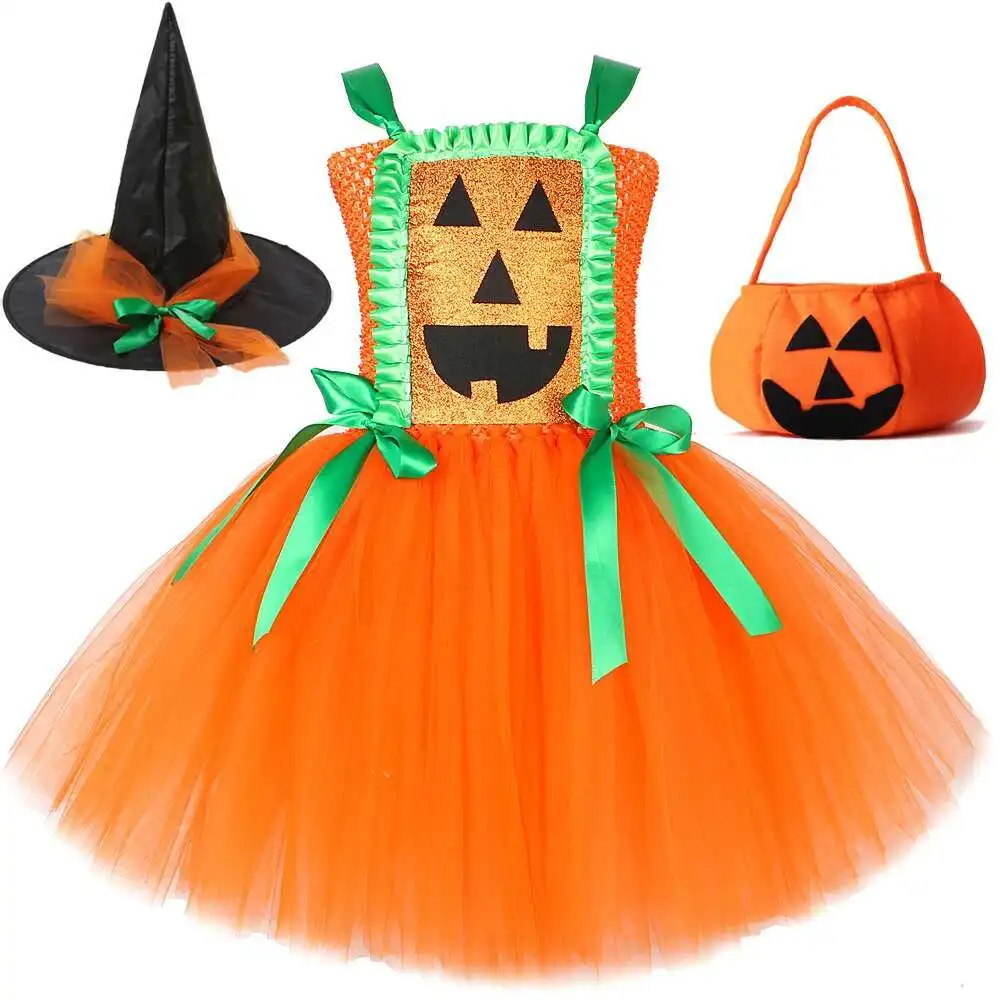 

Orange Halloween Pumpkin Costumes for Girls Carnival Party Fancy Tutu Dress with Witch Hat Handbag Child Horror Disguise Outfit